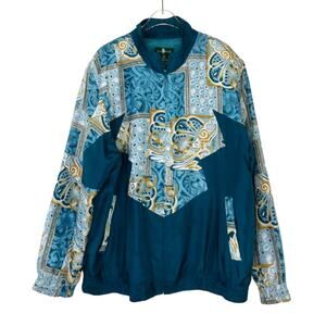 Hunt Club 1980s Vintage Windbreaker Teal Blue & Gold Jacquard Silk Jacket Large